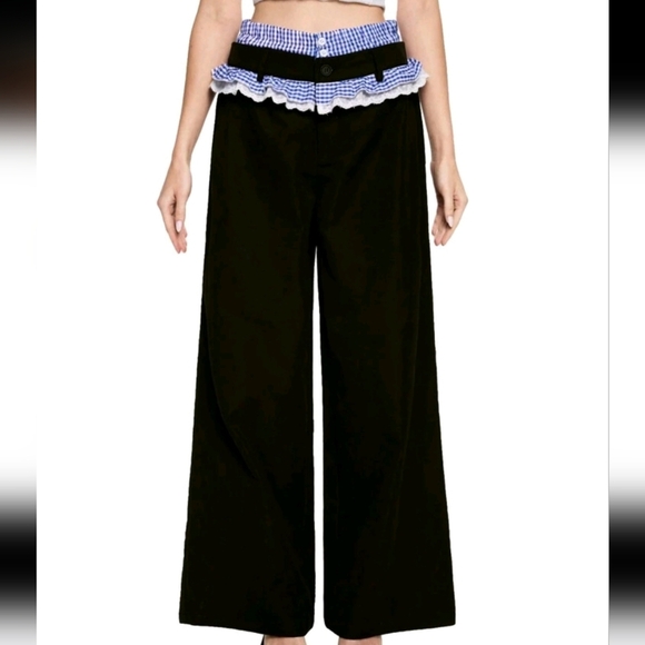 Women Say Contrasting Black Spliced ​​Waist Straight Trousers,Cute Trousers - Picture 3 of 6